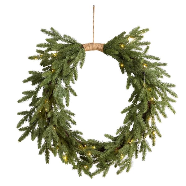 Nearly Natural 24 in. Prelit Holiday Pine Artificial Christmas Wreath Cascading