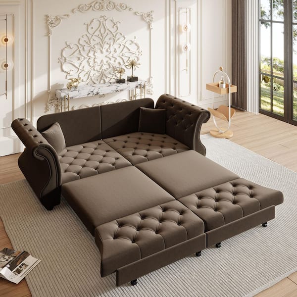 83.8 in. Brown Oversized Chesterfield Velvet Sofa Bed, Pull Out Sleeper Couch with Roll Arms and Tufting