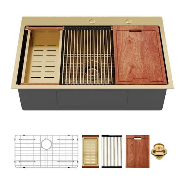 36 in. Drop-In Single Bowl 16 Gauge Gold Stainless Steel Kitchen Sink with Workstation