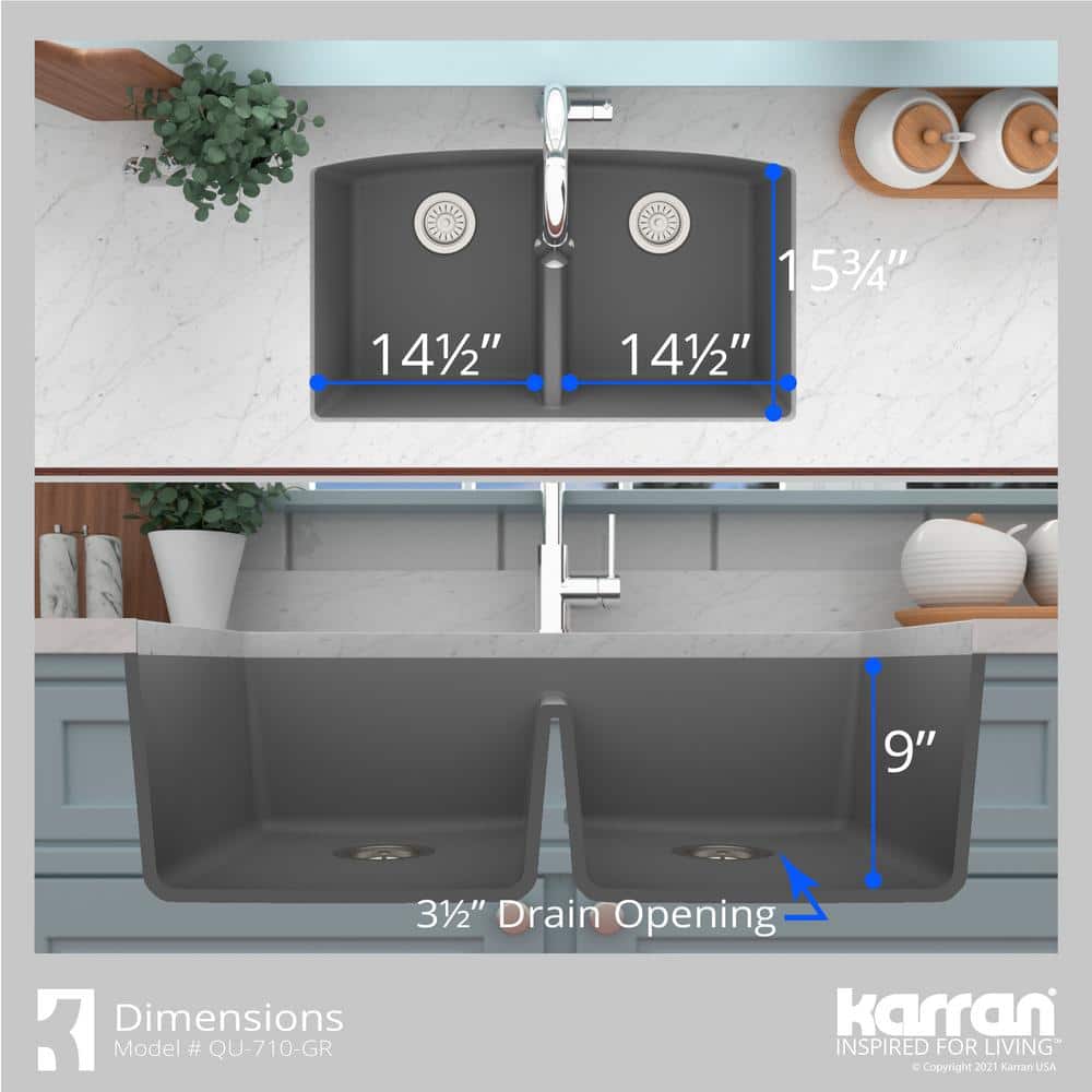 Gray Quartz Double Bowl Undermount Kitchen Sink Kit