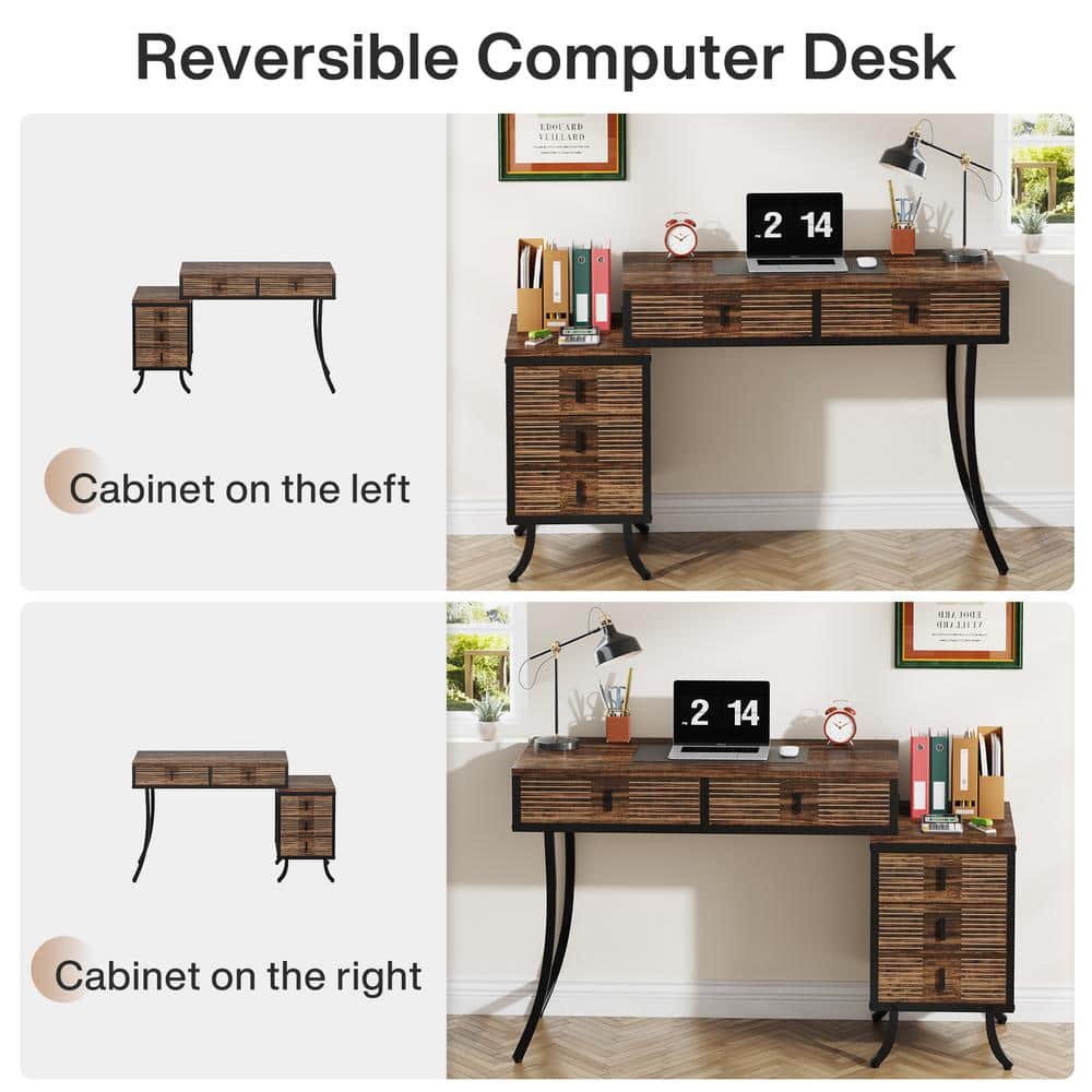 Industrial Brown Wood 55" Computer Desk with 5 Drawers