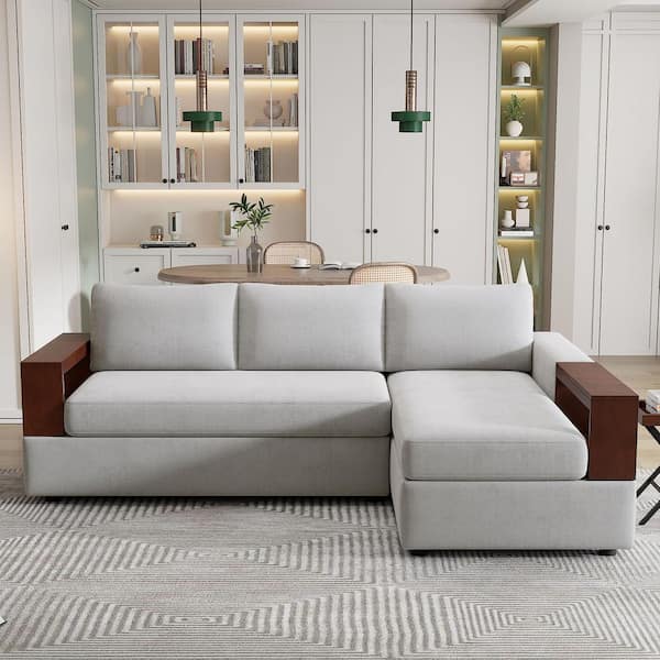 Savannah 87.40 in. Modern Chenille Upholstered L-Shape Sectional Sofa in Gray with Shelves, Reversible Armrest