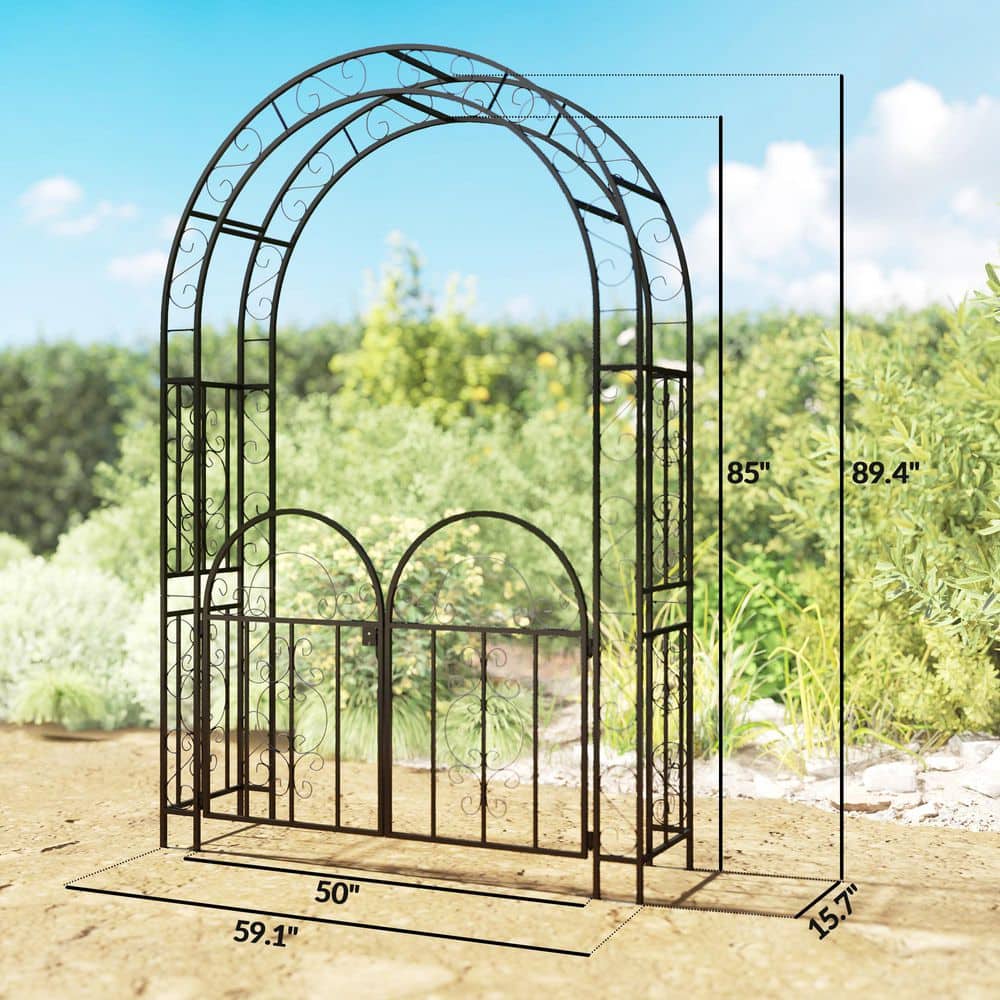 Black Metal Garden Arch with Gate for Climbing Plants
