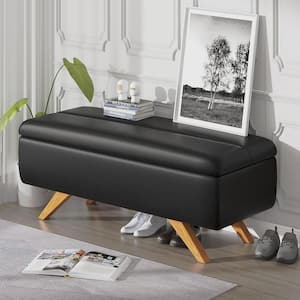Modern Soft PU Leather Bench Ottoman Shoestool with 6.1" Deep Storage-Space, Easily Stores Books, Blankets, Black