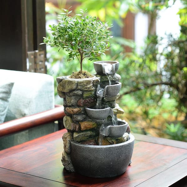Hcman 4-Bowl Rockery Soothing Sound Tabletop Fountain with Small