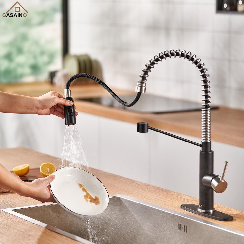 Matte Black and Brushed Nickel Pull Down Kitchen Faucet