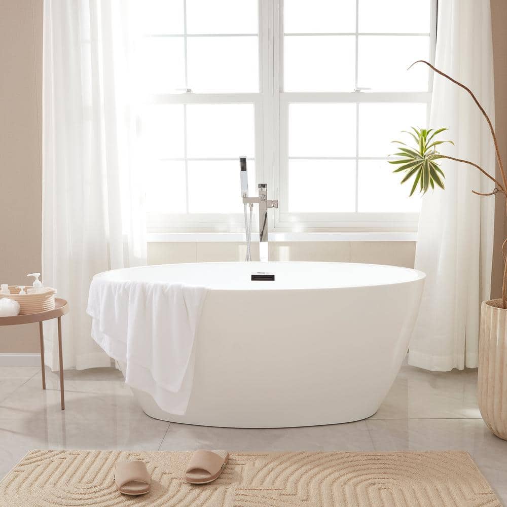 White Glossy Acrylic Freestanding Soaking Bathtub, 55.1" Length