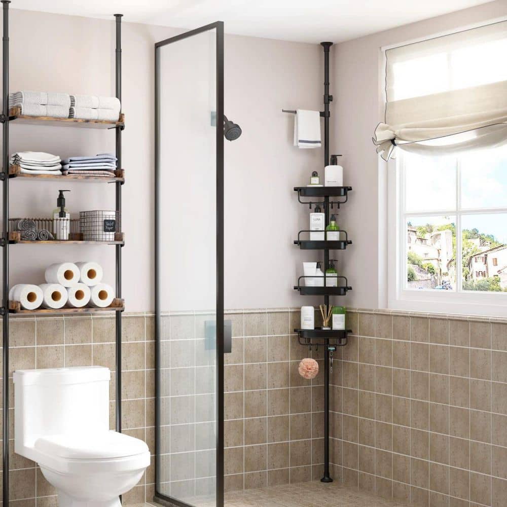 Black Adjustable Rustproof Metal Shower Corner Caddy with 4 Shelves
