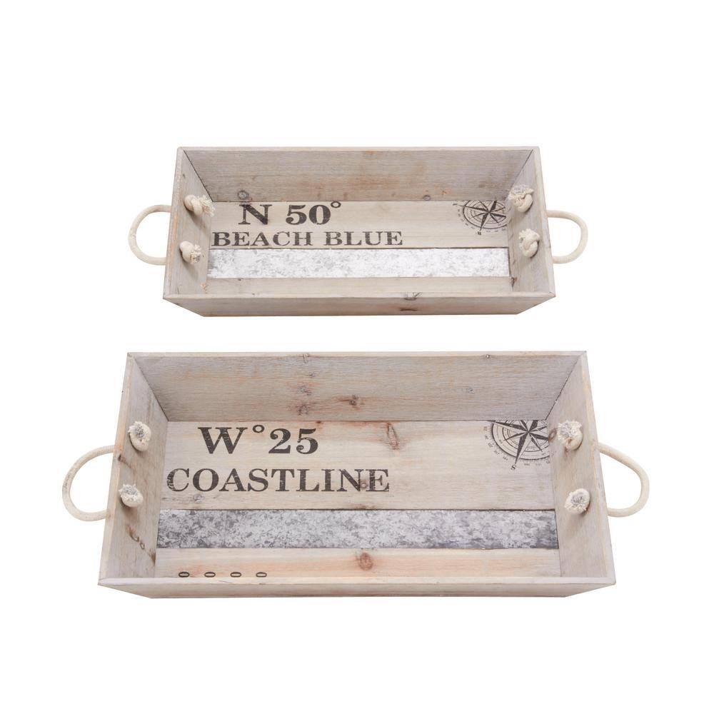 Coastal Charm White Wood Rectangular Tray Set with Metal Accents, 19" x 12"