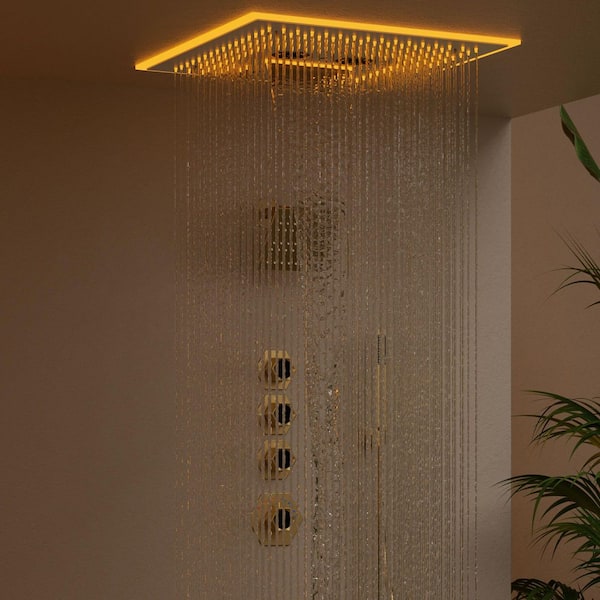 16 in. AuroraMist LED 17-Spray Dual Ceiling Mount Fixed and Handheld Shower Head 2.5 GPM in Brushed Gold
