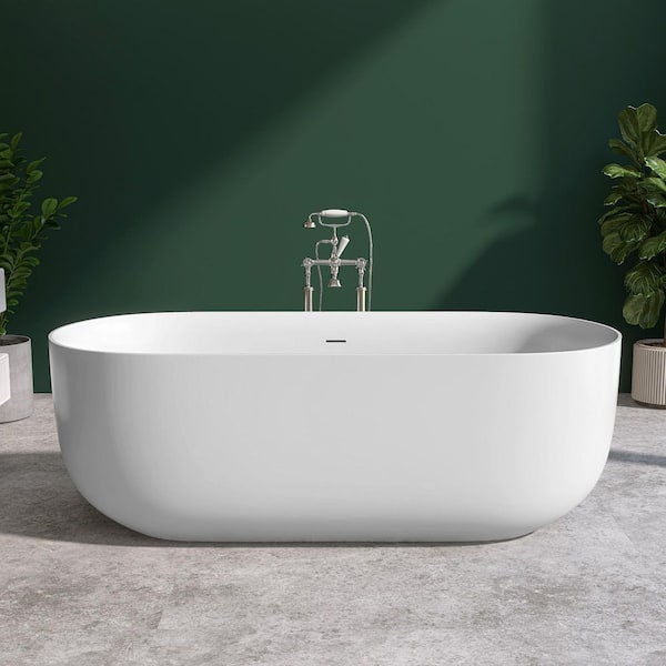 63 in. x 29.5 in. Solid Surface Tub Stone Resin Flatbottom Freestanding Soaking Bathtub with Center Drain in Matte White