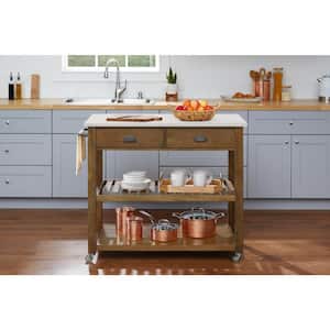 Alstead Wooden Farmhouse Kitchen Cart with White Marble Top and Double-Drawer Storage with Locking Wheels (44" W)
