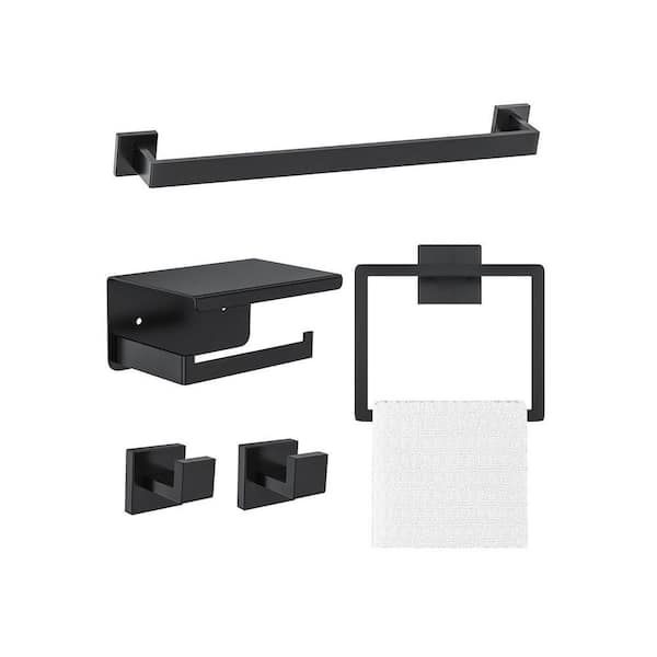 5-Piece Bathroom Hardware Sets with 16 in. Towel Bar Ring Toilet Paper Holder Hooks in Matte Black