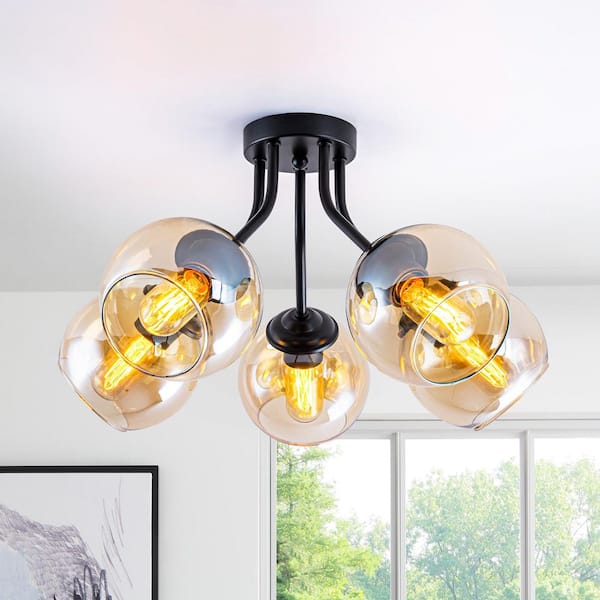 20.47 in. 5-Light Modern Matte Black Semi-Flush Mount Ceiling Light with Globe Glass Shades