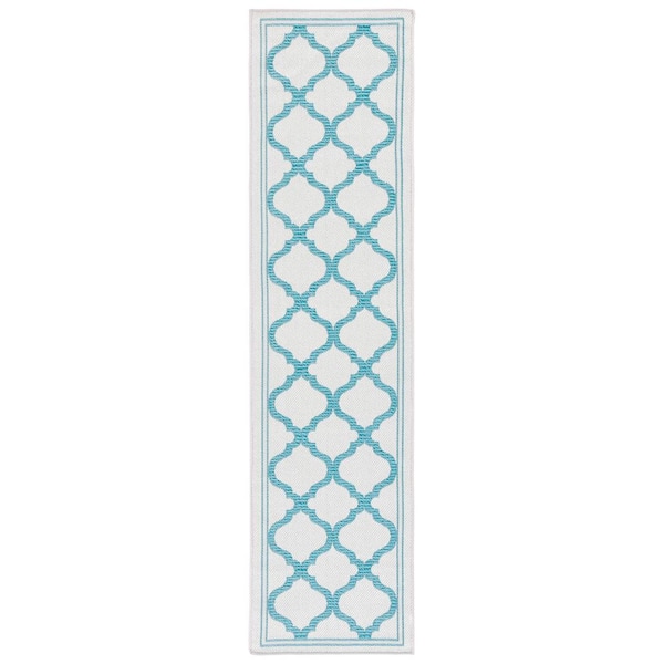Bermuda Beige/Aqua 2 ft. x 8 ft. Runner Border Trellis Indoor/Outdoor Area Rug