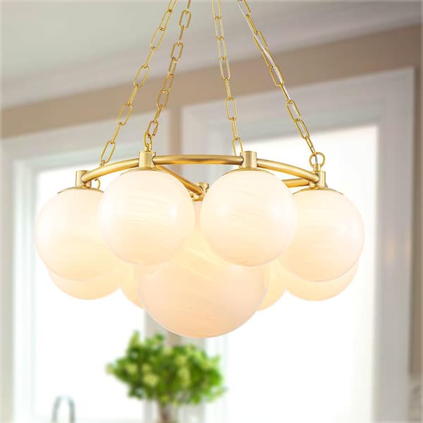 Ceder 9-Light Aged Brass Chandelier with Glossy Marble Glass Shade Ring Sputnik Hanging Light for Foyer