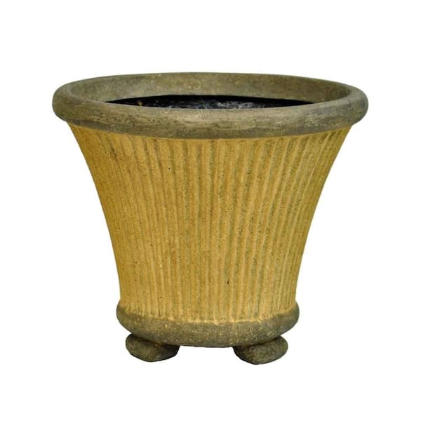 MPG 12 in. Round Composite Fluted Pot with Feet in Aged Sandstone with Granite Accents Finish