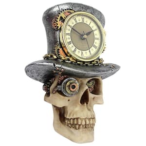 Steampunk Mad Hatter Skull Sculptural Multi-Colored Analog Plastic Poly-Resin Wall Grandfather Clock