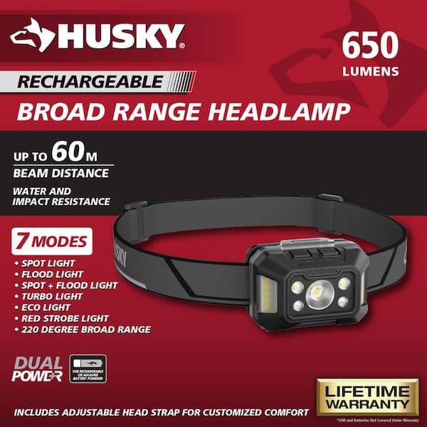 Husky 650 Lumens Dual-Power Broad Range LED Headlamp 7 Modes with