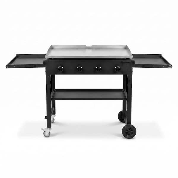 36 Inch 4-Burner Commercial LPG Gas Griddle on Cart, 60000 BTU Heavy Duty Manual Flat Top Grill with Side Shelves for Ou