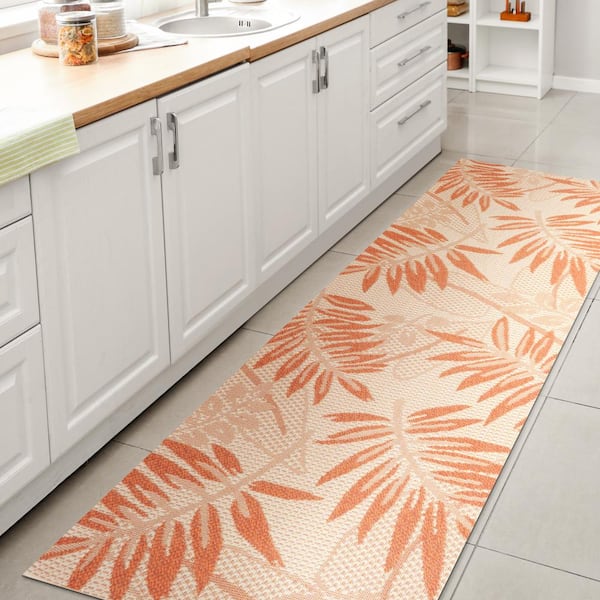 JONATHAN Y Havana Tropical Cream/Orange 2 ft. x 8 ft. Palm Leaf Indoor/Outdoor Area Rug