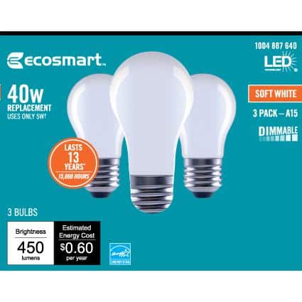 40-Watt Equivalent A15 Dimmable ENERGY STAR Frosted Glass Deco Filament LED Vintage Edison Light Bulb Soft White(3-Pack)