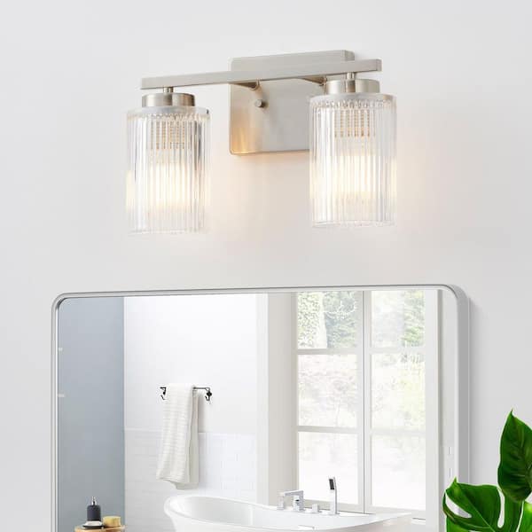 13.3 in. 2-Light Plated Brushed Nickel Vanity Light with Clear Ribbed Glass Shade