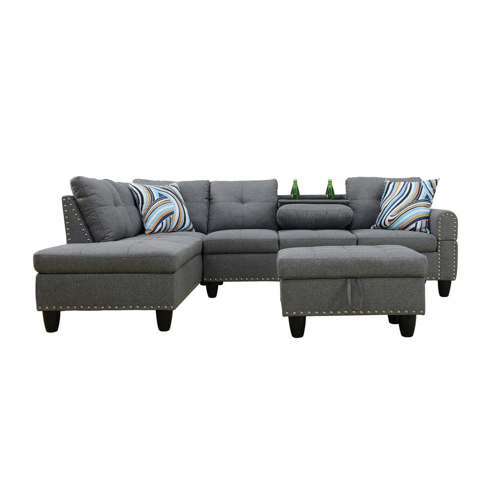 95.5 in. W Round Arm 3-piece L Shaped Linen Blend Sectional Sofa in Gray