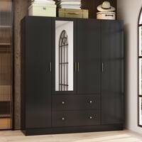 FUFU&GAGA Black Wood Grain 63 in. W 4-Door Big Armoires With Mirror, 2 Hanging Rods, 2 Drawers, Storage Shelves (70.9 in. H) KF330062-056
