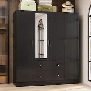 Black Wood Grain 63 in. W 4-Door Big Armoires With Mirror, 2 Hanging Rods, 2 Drawers, Storage Shelves (70.9 in. H)