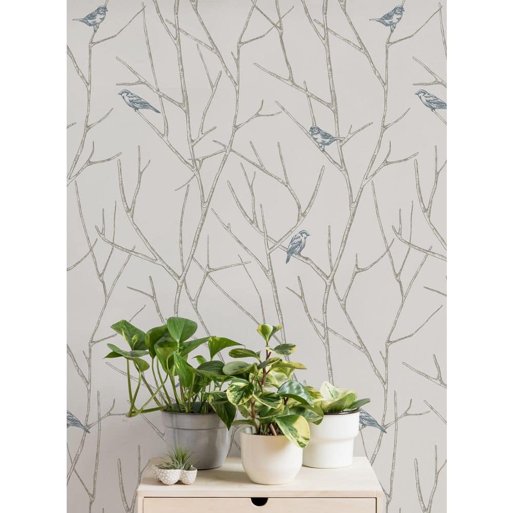 Branch Birds Blue Self-Adhesive Vinyl Peel and Stick Wallpaper Roll