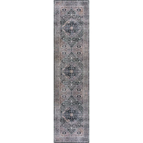Alacati Ogee Medallion Machine-Washable Dark Green/Dark Beige 2 ft. x 8 ft. Runner Rug