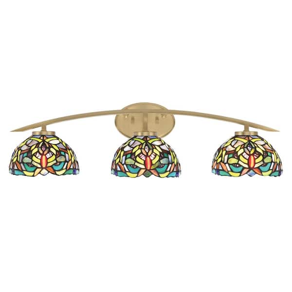 Unbranded Siena 29 in. 3-Light Vanity Light New Age Brass with Kaleidoscope Art Glass Shades
