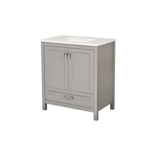 Solid Wood 30 in. W Single Sink Freestanding Gray Bath Vanity Cabinet with White Engineered Marble Top Assembled