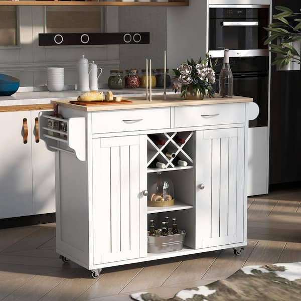 Polibi White Kitchen Cart with 2 Storage Cabinets, 4 Locking Wheels, Wine Rack, 2 Drawers, Spice Rack and Towel Rack