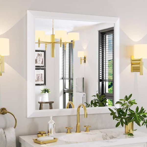 Apmir 40 in. W x 38 in. H Rectangular Aluminum Alloy Framed and Tempered Glass Wall Bathroom Vanity Mirror in Matte White