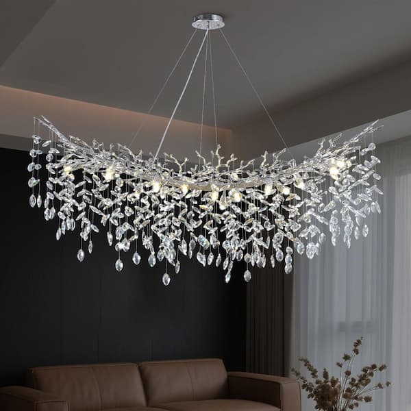 16 lights 55 in. Dimmable Crystal Silver Chandelier, Large Crystal Chandelier, for Living Room, High Ceiling, Foyer