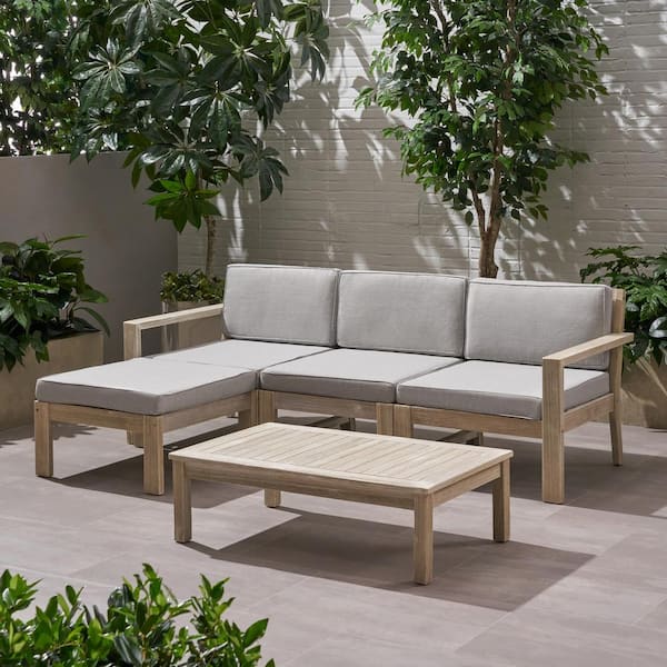 Noble House Santa Ana Light Grey 5-Piece Wood Outdoor Patio Conversation Set with Light Grey Cushions