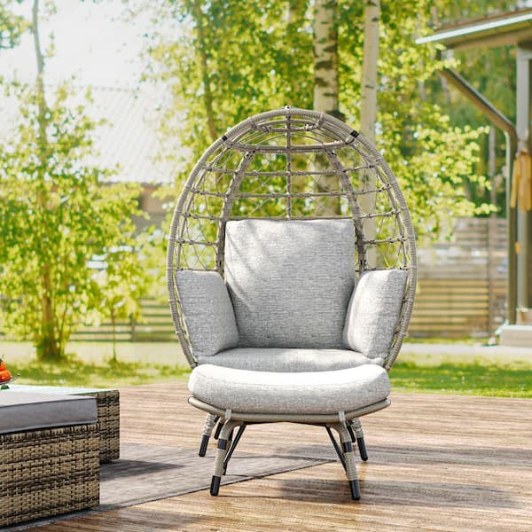 DEXTRUS Gray Wicker Egg Chair with Outdoor Ottoman and Gray Cushion