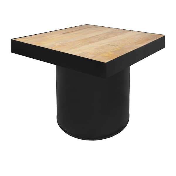 THE URBAN PORT 26 in. Brown and Black Wooden Side Table with Block Metal Base