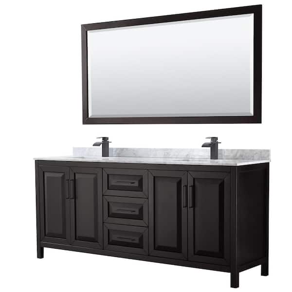 Wyndham Collection Daria 80 in. W x 22 in. D x 35.75 in. H Double Bath Vanity in Dark Espresso w/White Carrara Marble Top and 70 in. Mirror
