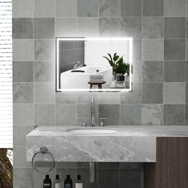 Unbranded 24 in. W x 32 in. H Rectangle Frameless Silver Dimmable Bathroom Mirror with Lights, 3 Colors, Defogging, Waterproof