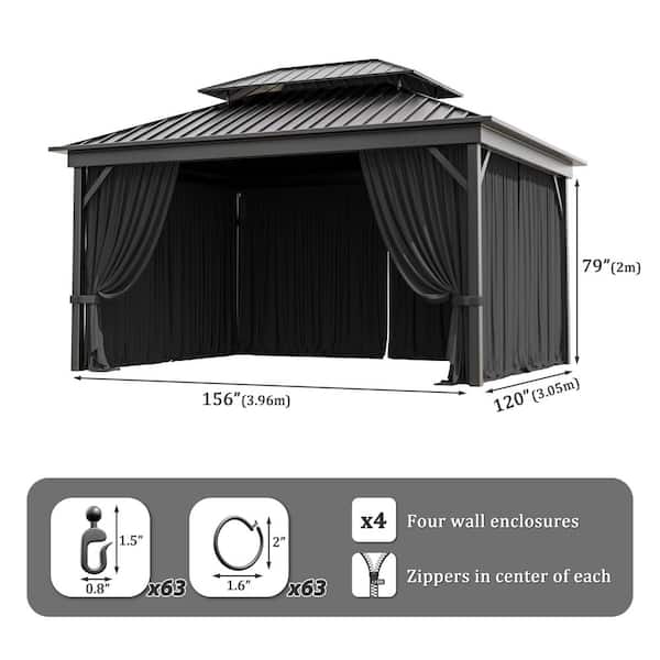 10 ft. x 13 ft. Universal Outdoor Privacy Curtains, Gazebo Replacement with Zipper Black (4-Side Curtain Only)