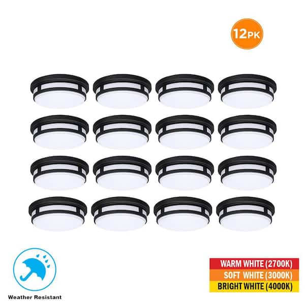 11 in. Round Black Indoor Integrated LED Outdoor Ceiling Light Flush Mount Adjustable CCT 830 Lumens Wet Rated (12-Pack)