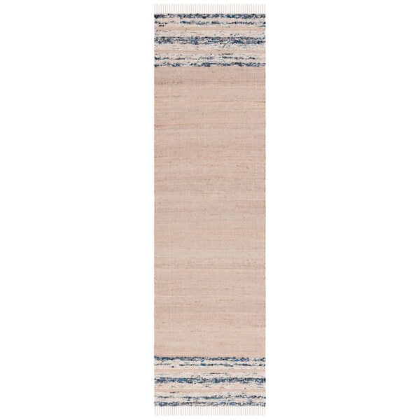 Natura 2 ft. x 9 ft. Natural/Navy Striped Border Runner Rug