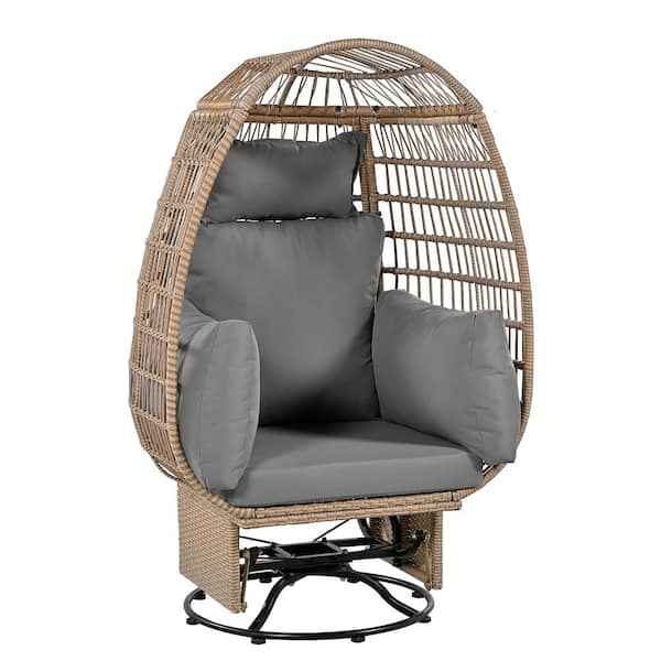 Angel Sar Natural Swivel Wicker Outdoor Lounge Chair, Rattan Egg Patio Chair with Rocking Function with Dark Gray Cushions