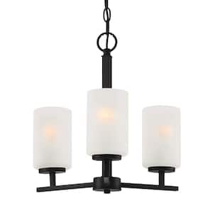 Carmine 3-Light Contemporary Matte Black Chandelier with Etched Glass Shades For Dining Rooms
