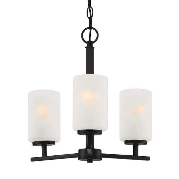 Designers Fountain Carmine 3-Light Contemporary Matte Black Chandelier with Etched Glass Shades For Dining Rooms