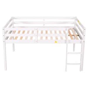 Modern White Full Size Low Loft Bed, Wooden Loft Bed Frame with Ladder, Guardrails, No Box Spring Needed