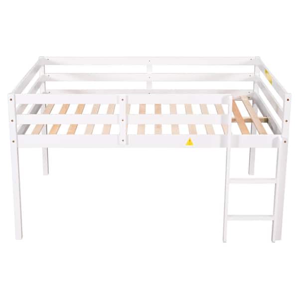 URTR Modern White Full Size Low Loft Bed, Wooden Loft Bed Frame with Ladder, Guardrails, No Box Spring Needed